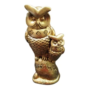 Estátua Coruja Com Filhote Decoração Sala Escritório Dourada peça decorativa