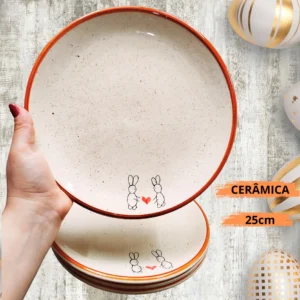 Prato de Jantar 25cm Refeição em Cerâmica Coelho Páscoa Pintado a Mão