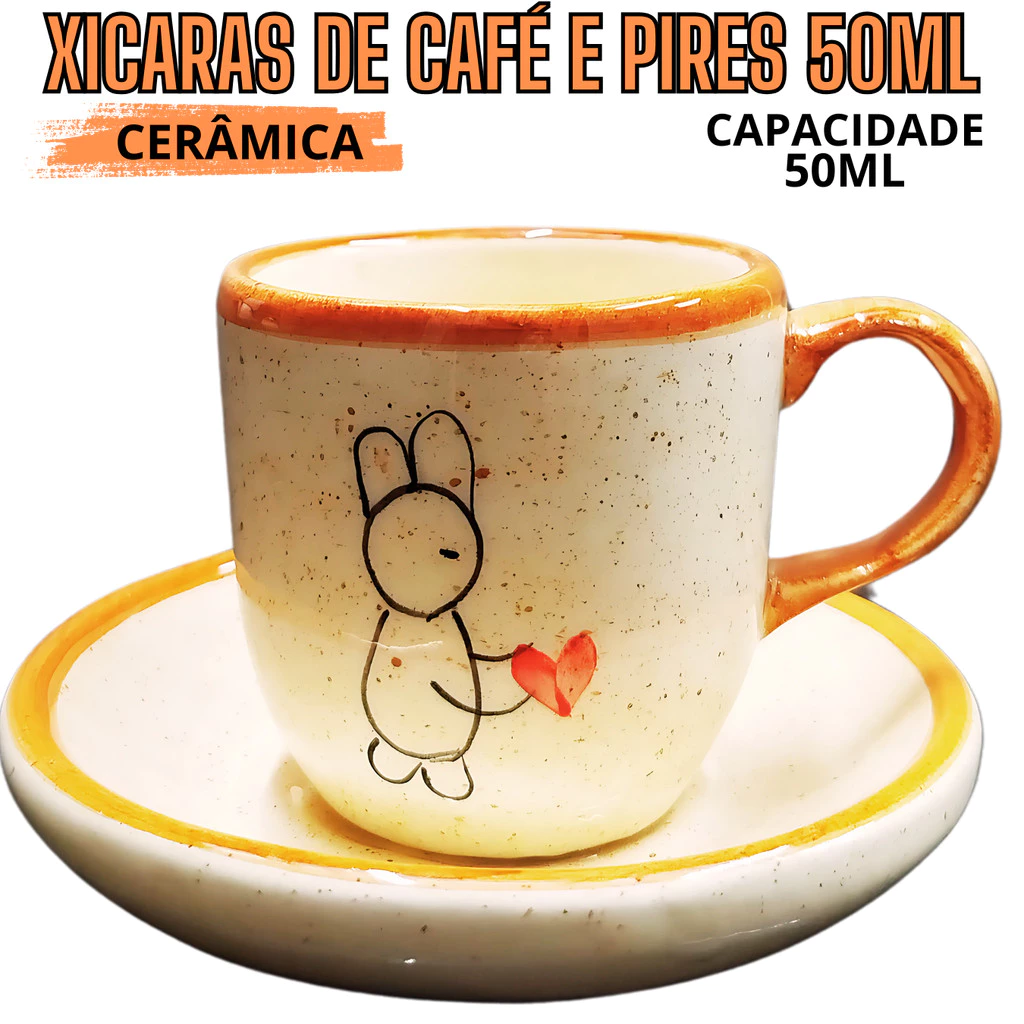 1 Xicara de Café de 50ml com Pires em Cerâmica Pintado a Mão Coelho Páscoa Caramelo