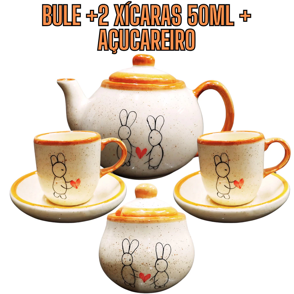 Kit de Chá com 1 Bule 1 Açucareiro e 2 Xicaras de café 50ml Coelho Páscoa Cerâmica Pintado a mão