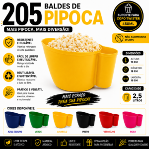 Kit com 205 Baldes De Pipoca Plástico Com Porta Copos - Amarelo