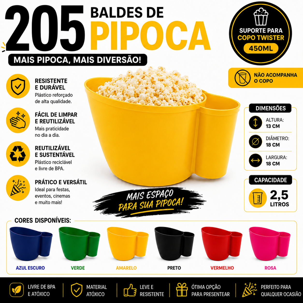Kit com 205 Baldes De Pipoca Plástico Com Porta Copos - Amarelo